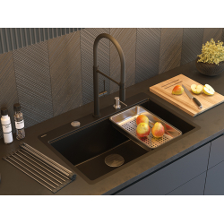 QUADRON | MARC 110 FM PRODUKT NA ZAMÓWIENIE | granitowy zlewozmywak kuchenny SZARY + MIEDŹ PVD | wymiary: 75 x 49 x 24 cm | akcesoria: syfon, dozownik