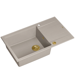 QUADRON EVAN 136 XL GraniteQ zlewozmywak z syfonem Push To Open 1-komorowy z/o (860x500x210; kom. 420x490) soft taupe / elementy złote