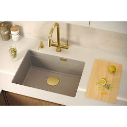 LOGAN 100 GraniteQ zlewozmywak soft taupe 56x45x21,5 cm 1-komorowy podwieszany z syfonem manualnym złoty