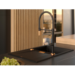 OWEN 111 GraniteQ zlewozmywak z syfonem Push 2 Open 1-komorowy z/o (760x500x215; kom. 330x430) snow white / elementy miedziane