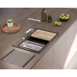 MARC 120 WORKSTATION GraniteQ zlewozmywak 2-komorowy 760*500*235 mm black diamond + syfon push to open + dozownik stal szcz.+ wkładka ociekowa+ Qmata