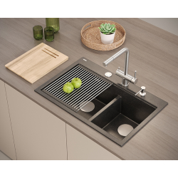 MARC 120 WORKSTATION GraniteQ zlewozmywak 2-komorowy 760*500*235 mm black diamond + syfon push to open + dozownik stal szcz.+ wkładka ociekowa+ Qmata