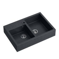 Quadron | BILL 120 | granitowy zlewozmywak kuchenny CZARNY METALIK + STAL | wymiary: 90 x 62 x 20,5 cm | 2-komorowy nakładany na szafkę | podbudowa sz