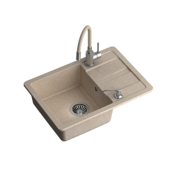 READY- SMART BEŻOWY zlewozmywak granitowy 1-k z/o (62x44x17,5) + bateria z elastyczną wylewką + dozownik stalowy + syfon