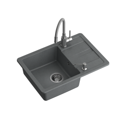 READY- SMART SZARY zlewozmywak granitowy 1-k z/o (62x44x17,5) + bateria z elastyczną wylewką + dozownik stalowy + syfon